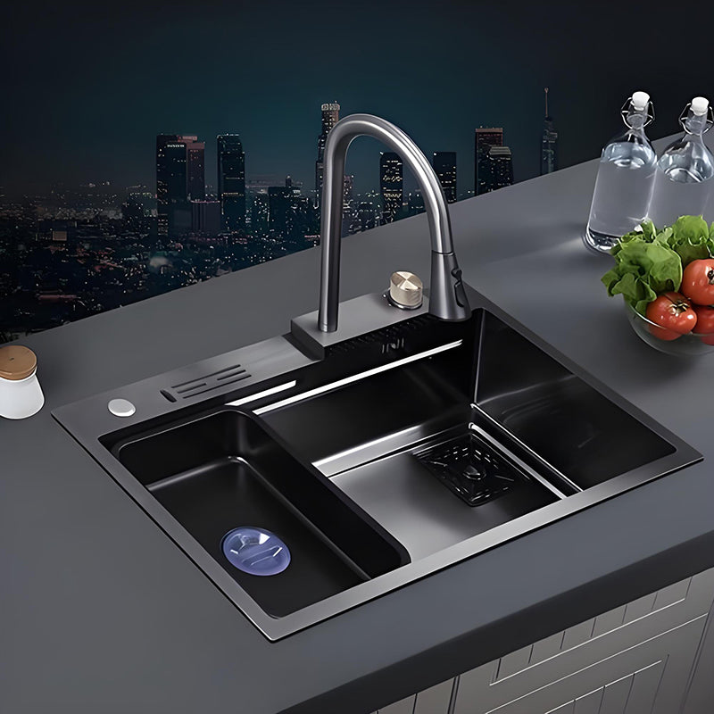 Black and gray multifunctional stainless steel workstation kitchen sink with high-arc faucet, auxiliary basin, main washing bowl, rear deck controls, and modern countertop installation.