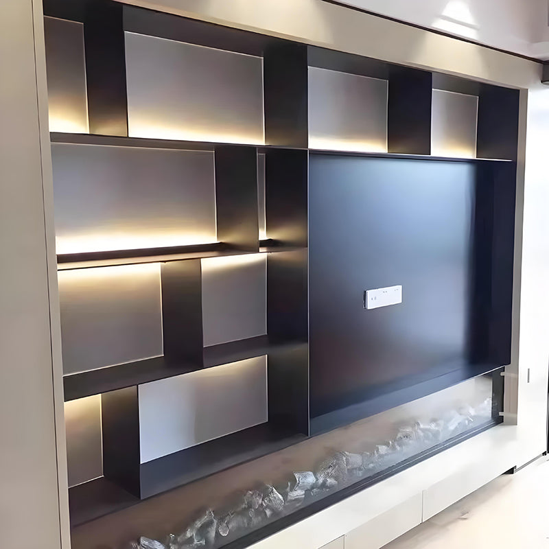 Nicho de exibição personalizado em aço inoxidável para parede de fundo de TV, com prateleiras de armazenamento e iluminação LED, para projetos de sala de estar.