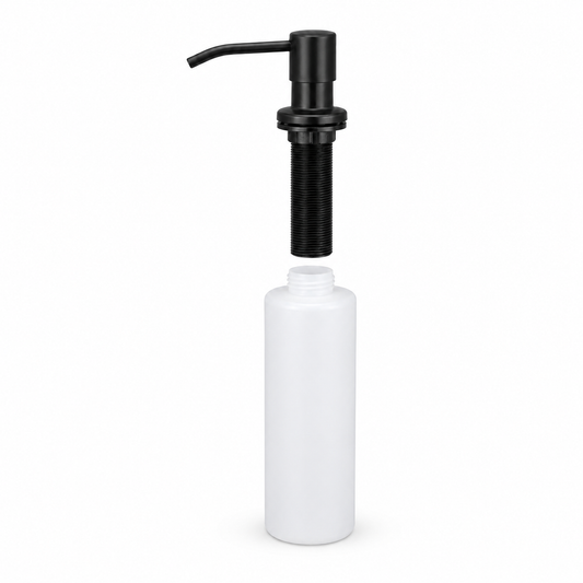 Black built-in kitchen sink soap dispenser with refillable white bottle, showing separated pump head and bottle for stainless steel sink installation.