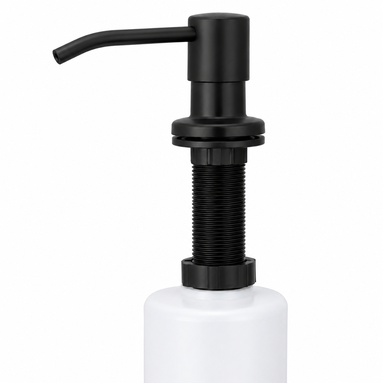 Black deck-mounted soap dispenser for kitchen sink use, featuring a fixed spout, threaded installation body, and refillable bottle.