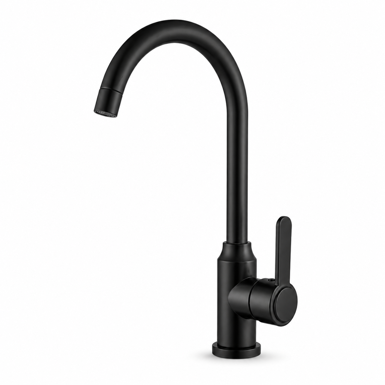 Black high-arc kitchen faucet made of 201 stainless steel with curved spout and single side handle for hot and cold kitchen water use.