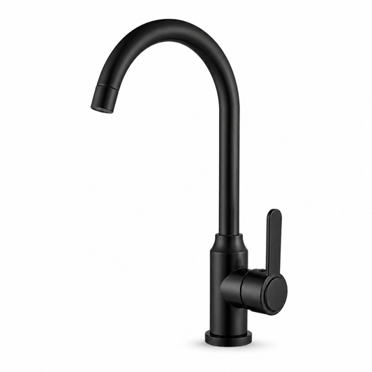 Black high-arc kitchen faucet made of 201 stainless steel with curved spout and single side handle for hot and cold kitchen water use.