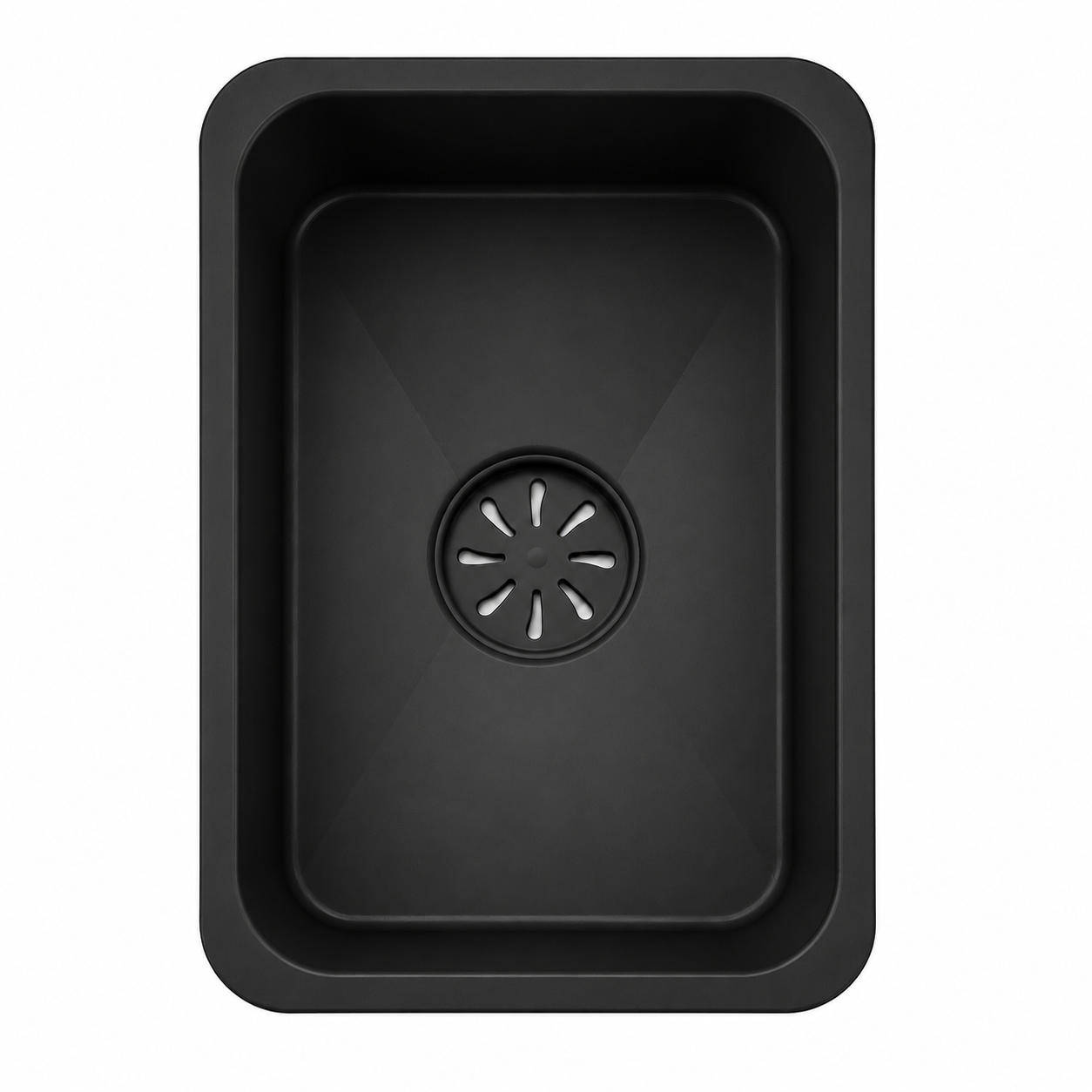 Black inner basin for multifunctional single bowl sink with integrated drain cover and rounded rectangular shape.