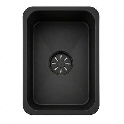 Black inner basin for multifunctional single bowl sink with integrated drain cover and rounded rectangular shape.