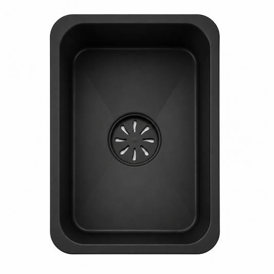 Black inner basin for multifunctional single bowl sink with integrated drain cover and rounded rectangular shape.
