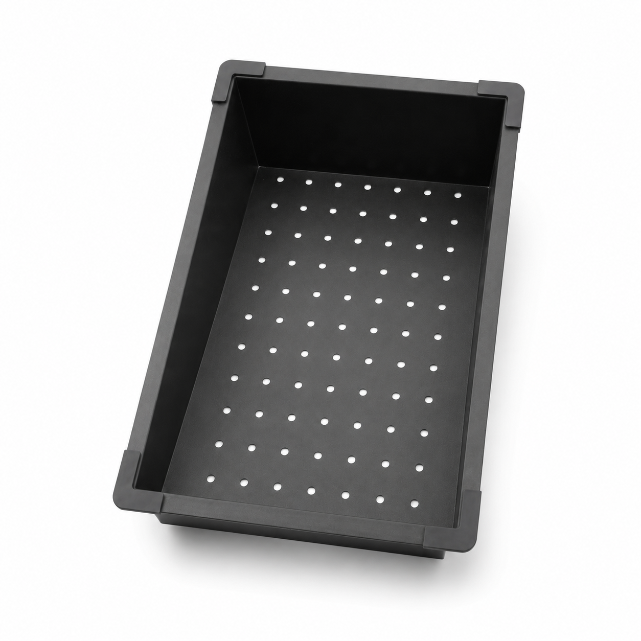 Black movable drainer basket for multifunctional kitchen sink with drainage holes and support corners.