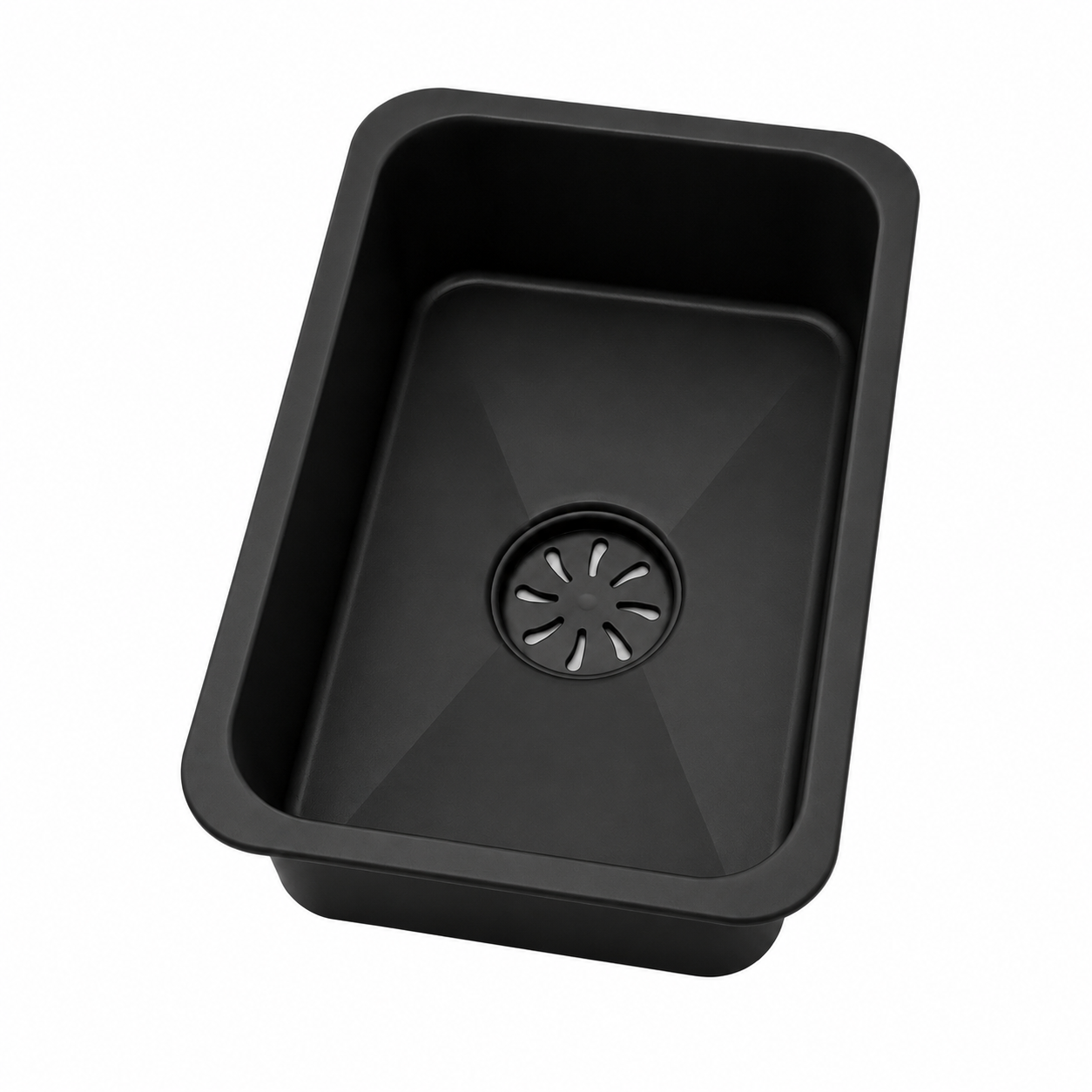 Black movable inner bowl for workstation sink shown in perspective view for kitchen washing use.