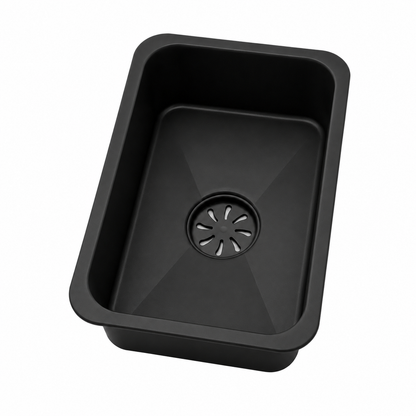 Black movable inner bowl for workstation sink shown in perspective view for kitchen washing use.