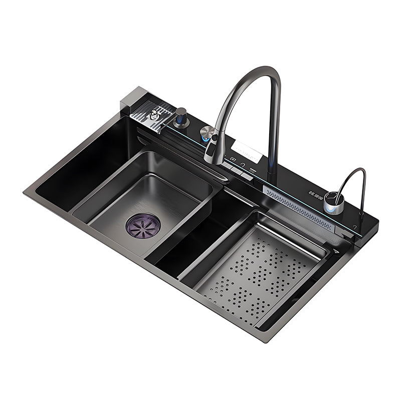 Black multifunctional workstation kitchen sink on white background with smart rear control panel, high-arc faucet, inner basin, perforated drain tray, and auxiliary faucet.