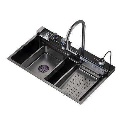 Black multifunctional workstation kitchen sink on white background with smart rear control panel, high-arc faucet, inner basin, perforated drain tray, and auxiliary faucet.