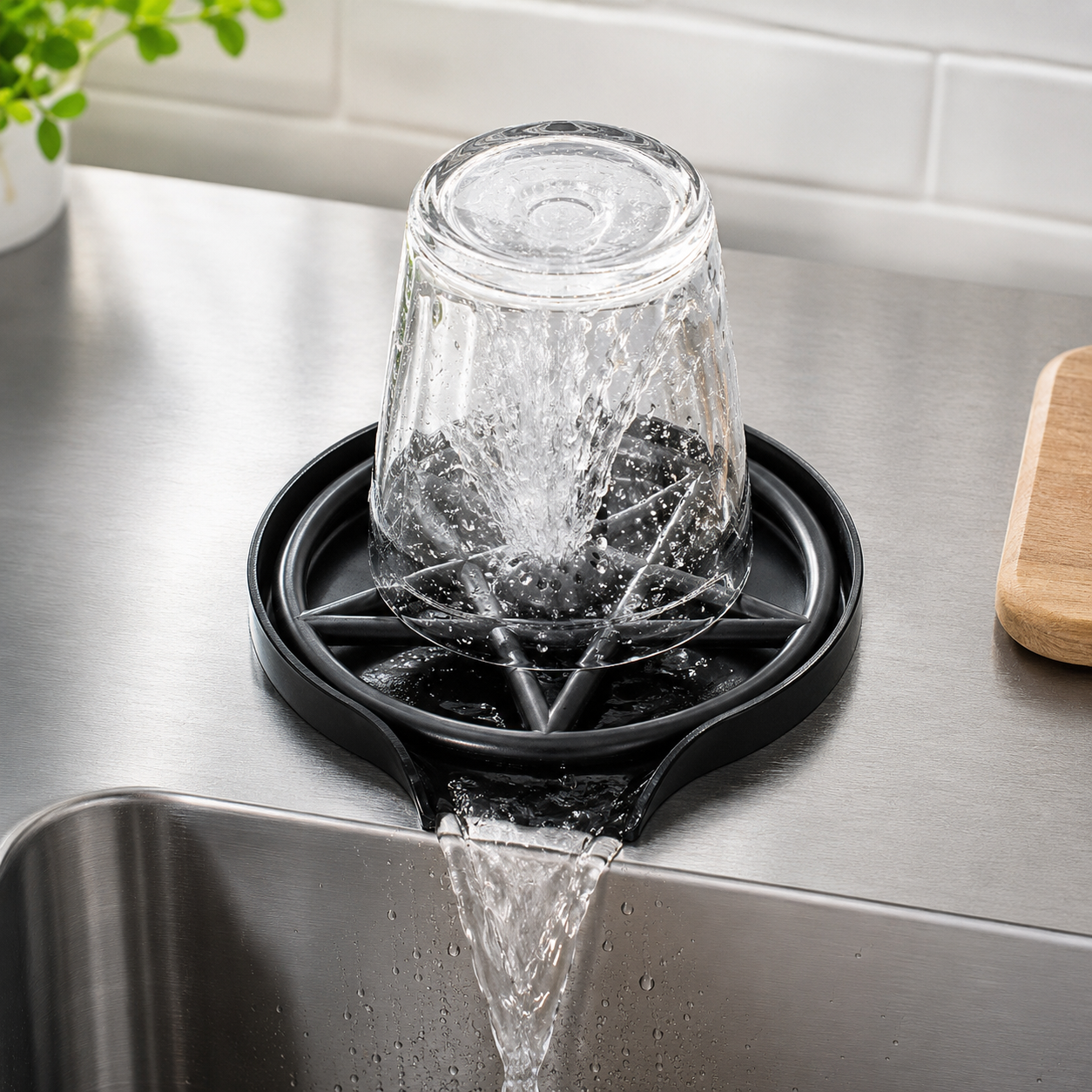 Black press-type cup washer installed on a stainless steel sink deck, rinsing an upside-down glass with water draining back into the sink.