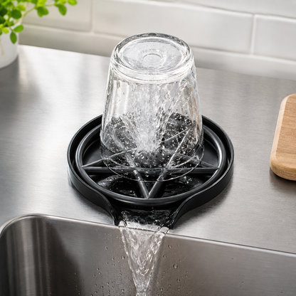 Black press-type cup washer installed on a stainless steel sink deck, rinsing an upside-down glass with water draining back into the sink.