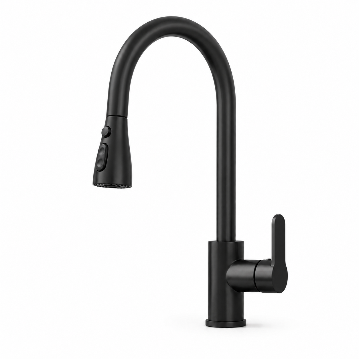 Black pull-out kitchen faucet with high-arc spout, side handle, and spray head buttons for switching water outlet modes.