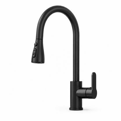 Black pull-out kitchen faucet with high-arc spout, side handle, and spray head buttons for switching water outlet modes.
