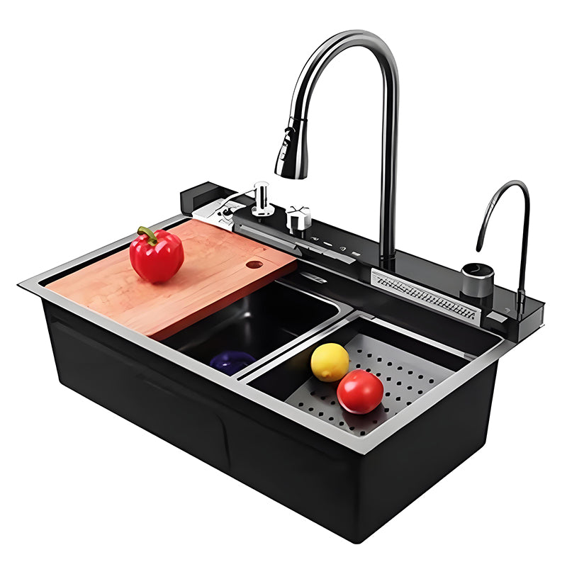 Black smart waterfall workstation kitchen sink with wooden cutting board, inner basin, perforated drain basket, high-arc pull-out faucet, auxiliary faucet, and integrated rear control deck.