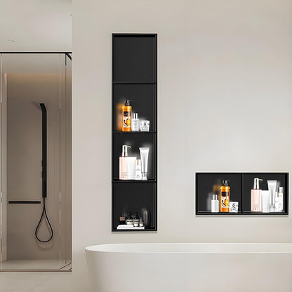 Nicho de parede para banheiro em aço inoxidável preto personalizado, com design de armazenamento embutido vertical e horizontal.