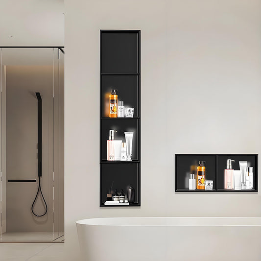 Custom Black Stainless Steel Bathroom Wall Niche with Vertical and Horizontal Recessed Storage Design