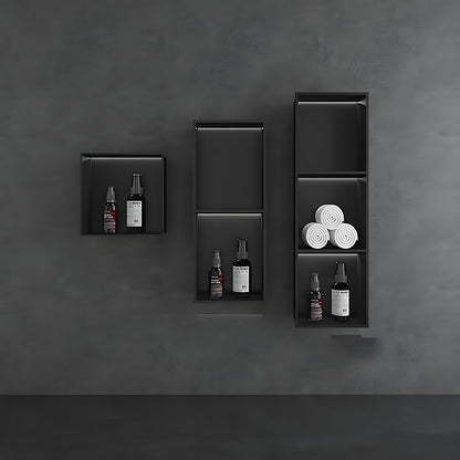 Nicho de parede em aço inoxidável preto personalizado com LED e design de armazenamento embutido (horizontal e vertical) para banheiro.
