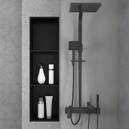 Nicho de parede para chuveiro em aço inoxidável preto personalizado, com design vertical alto e embutido para armazenamento no banheiro.