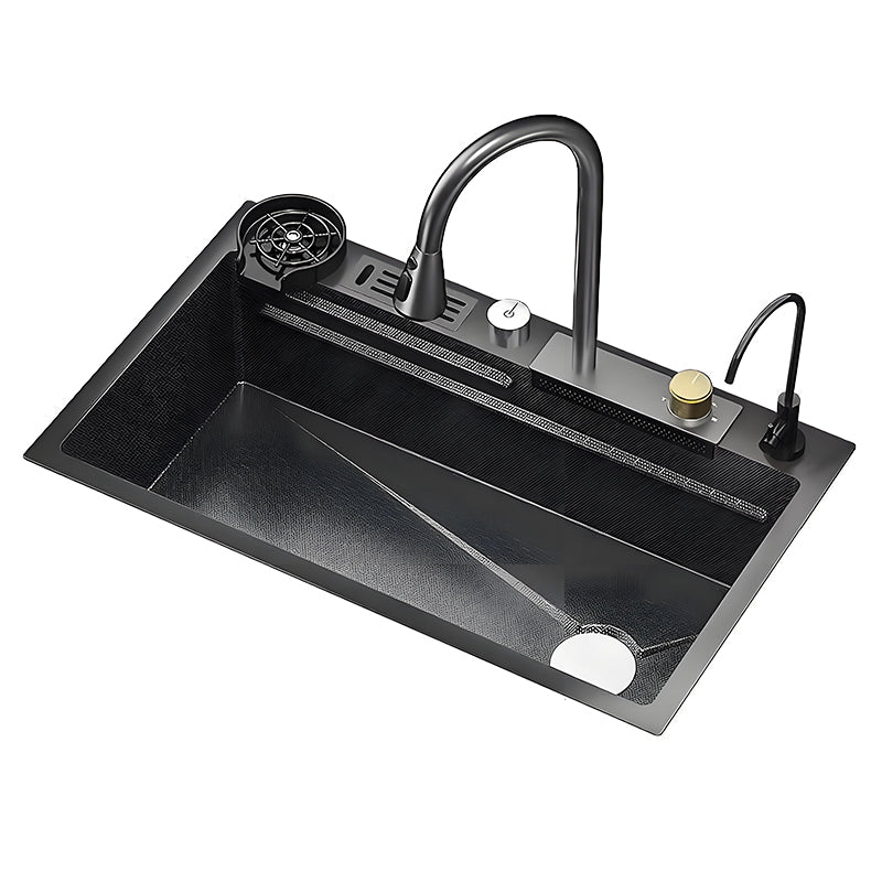 Black stainless steel workstation kitchen sink on white background with large single bowl, rear deck accessories, high-arc faucet, cup washer, auxiliary faucet, and customizable drain position.
