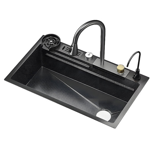 Black stainless steel workstation kitchen sink on white background with large single bowl, rear deck accessories, high-arc faucet, cup washer, auxiliary faucet, and customizable drain position.