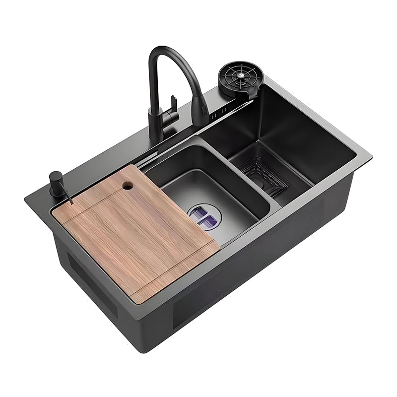 Black stainless steel workstation kitchen sink with wooden cutting board, basin-in-basin, faucet, cup washer, and deep single bowl design for modern kitchen use.