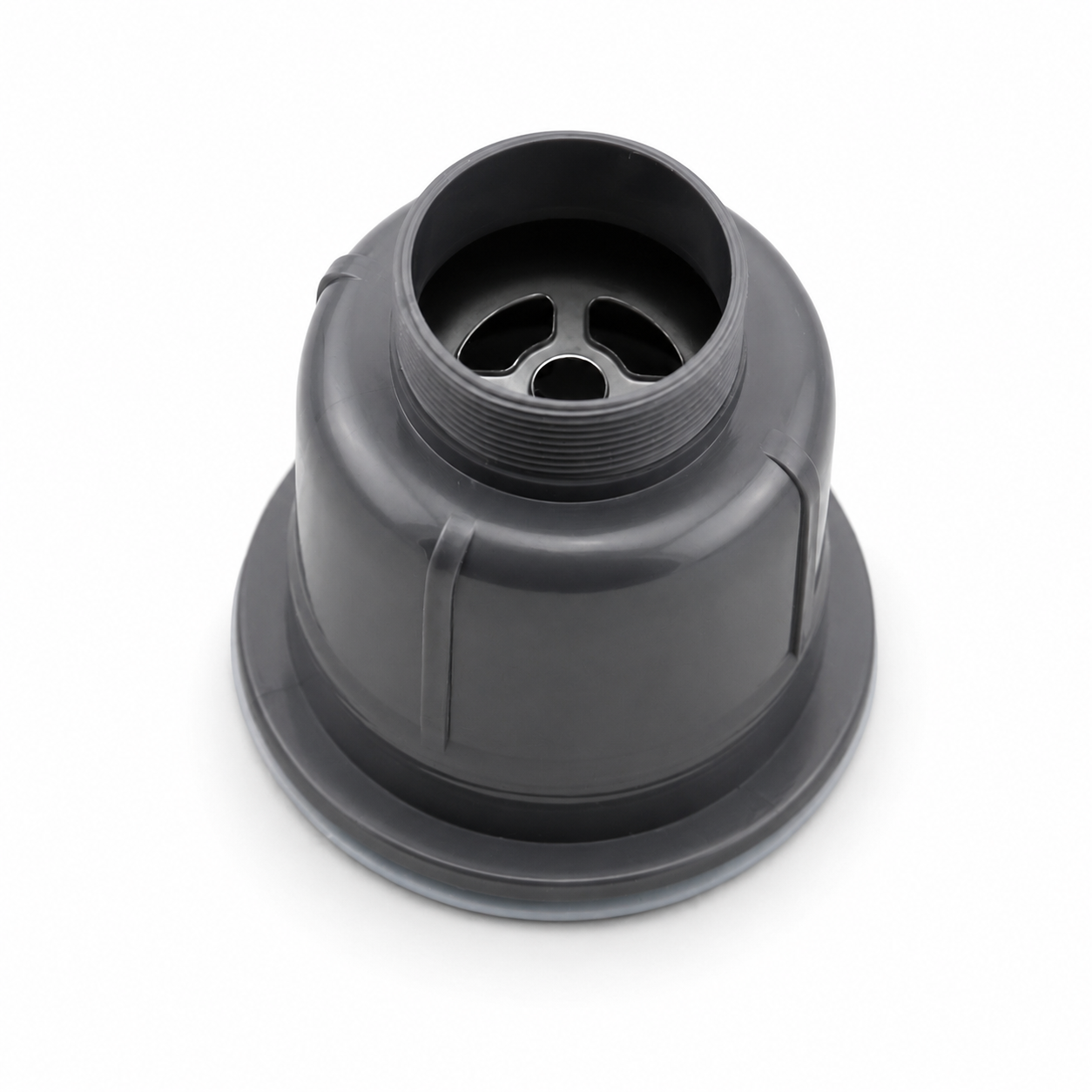 Bottom view of the PP body of a stainless steel kitchen sink drain fitting showing the threaded outlet connection and internal structure.