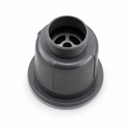 Bottom view of the PP body of a stainless steel kitchen sink drain fitting showing the threaded outlet connection and internal structure.