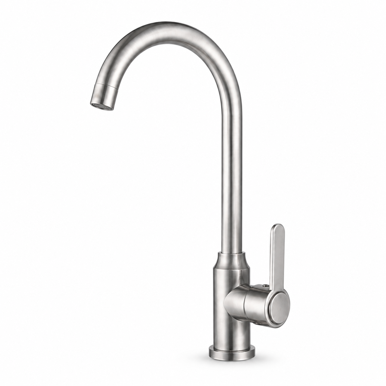 Brushed 201 stainless steel high-arc kitchen faucet with single lever handle and hot and cold water mixing function for stainless steel sink installation.