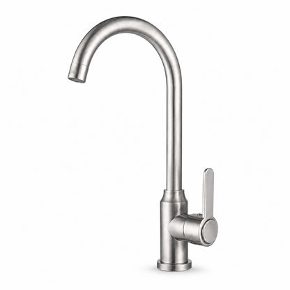 Brushed 201 stainless steel high-arc kitchen faucet with single lever handle and hot and cold water mixing function for stainless steel sink installation.