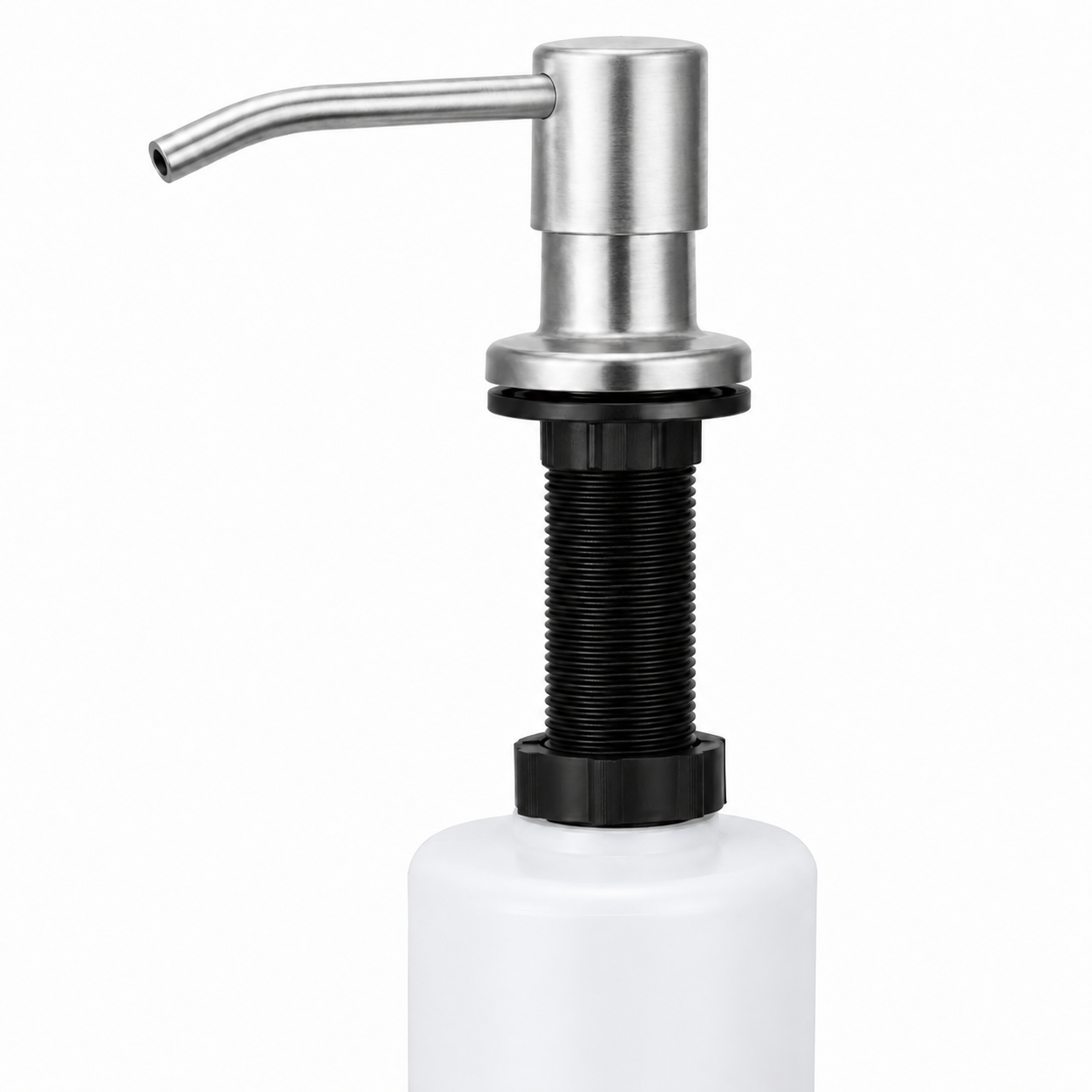 Brushed kitchen sink soap dispenser with 304 stainless steel pump head and white refill bottle, shown in a front-facing product view for sink panel installation.
