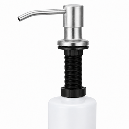Brushed kitchen sink soap dispenser with 304 stainless steel pump head and white refill bottle, shown in a front-facing product view for sink panel installation.