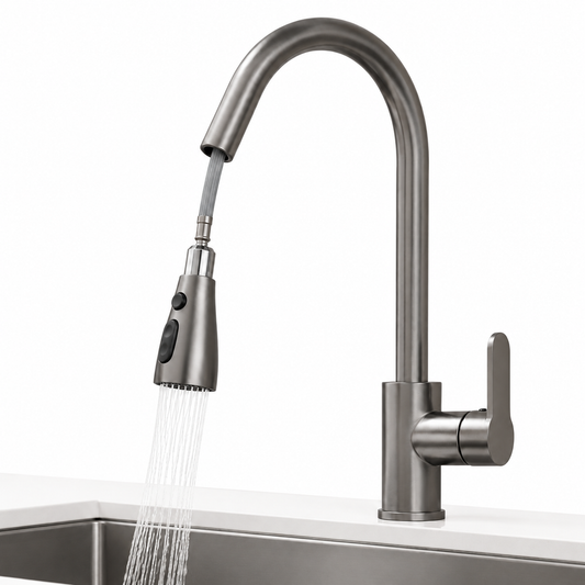 Brushed pull-out kitchen faucet installed on a stainless steel sink, showing the extended spray head, running water, high-arc spout, and single side handle.