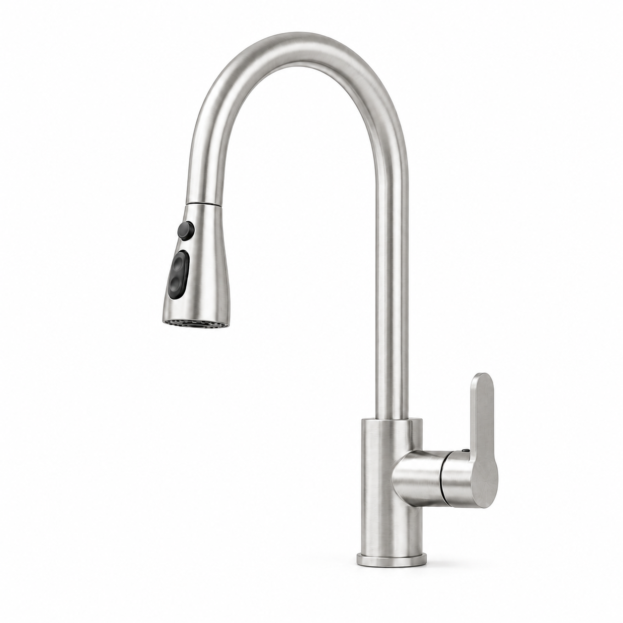 Brushed stainless steel pull-out kitchen faucet with high-arc spout, side handle, and compact spray head for stainless steel sink installation.