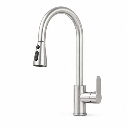 Brushed stainless steel pull-out kitchen faucet with high-arc spout, side handle, and compact spray head for stainless steel sink installation.