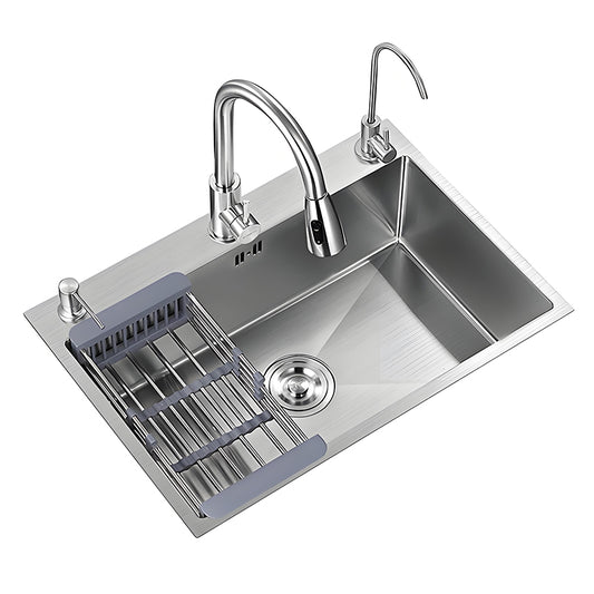 Brushed stainless steel single bowl kitchen sink with roll-up drain rack, main faucet, auxiliary faucet, soap dispenser, round drain system, and spacious rectangular washing bowl.