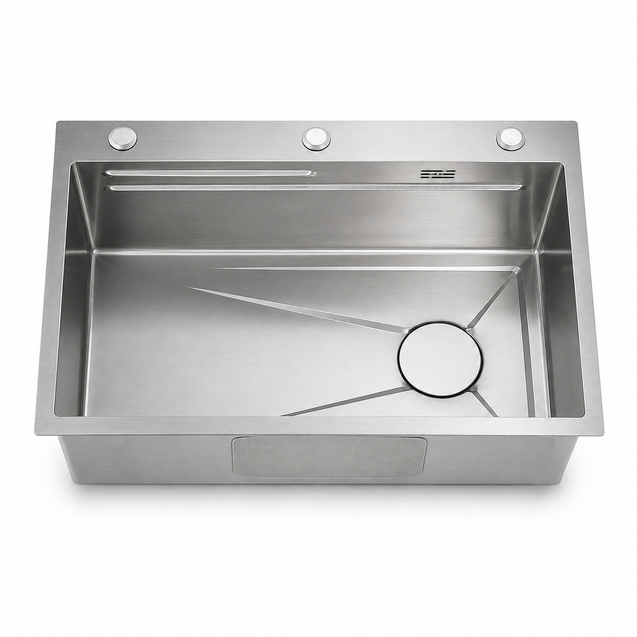 Brushed stainless steel single bowl kitchen sink with topmount rim, three faucet and accessory holes, rear overflow-style opening, sloped drainage channels, and round drain cover.