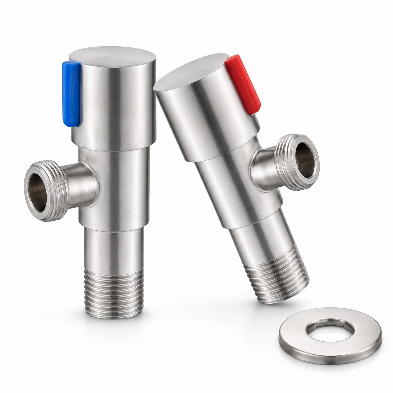 Close-up of brushed stainless steel two-way angle valves with red and blue control markers, side threaded outlets, bottom threaded inlets, and cover plate accessory.