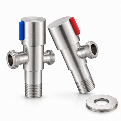 Close-up of stainless steel angle valves showing brushed cylindrical bodies, red and blue control markers, threaded outlets, and plumbing connection details.