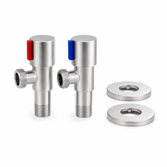 Close-up product image of red and blue two-way angle valves with brushed stainless steel finish, side outlet connections, and bottom threaded faucet supply inlets.
