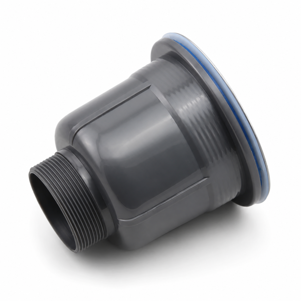 Close-up side view of the grey PP outer body of a kitchen sink drain fitting with threaded outlet and sealing edge.