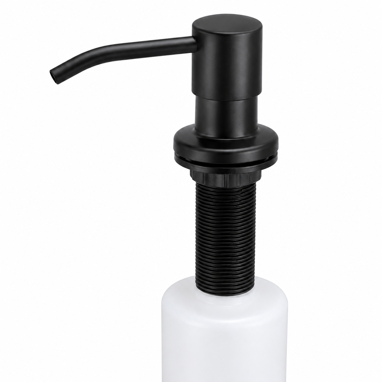 Close-up view of a black kitchen sink soap dispenser pump with threaded mounting body inserted into a white refill bottle.