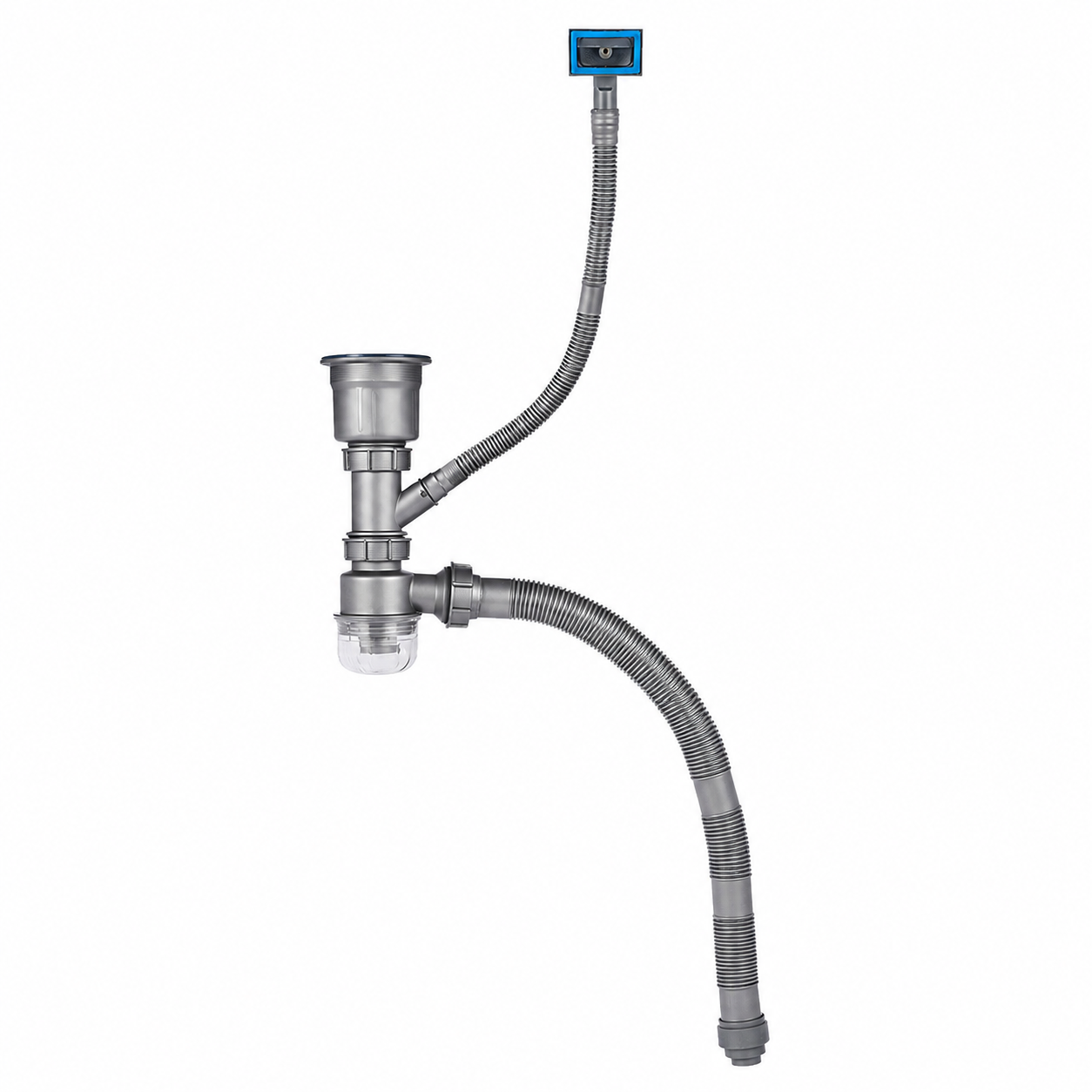 Complete kitchen sink drainage pipe assembly with drain fitting, flexible drain hose, and overflow connection for stainless steel sink installation.