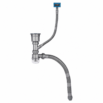 Complete kitchen sink drainage pipe assembly with drain fitting, flexible drain hose, and overflow connection for stainless steel sink installation.