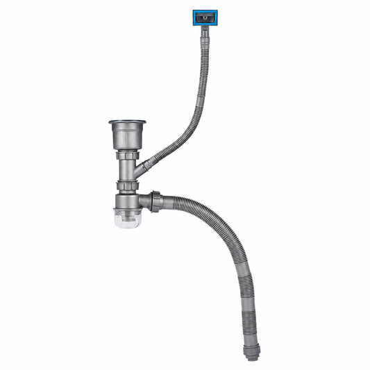 Complete kitchen sink drainage pipe assembly with drain fitting, flexible drain hose, and overflow connection for stainless steel sink installation.