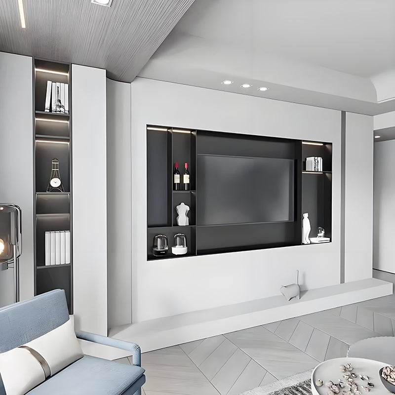 Nicho de exibição personalizado em aço inoxidável para parede de fundo de TV, com prateleiras de armazenamento e iluminação LED, para projetos de sala de estar.