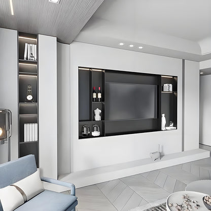 Nicho de exibição personalizado em aço inoxidável para parede de fundo de TV, com prateleiras de armazenamento e iluminação LED, para projetos de sala de estar.