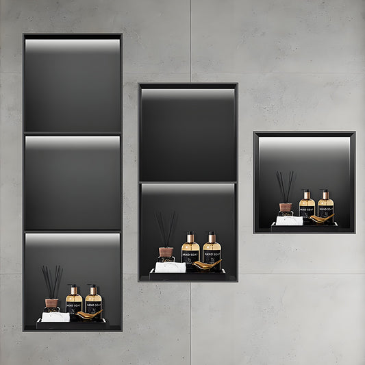 Custom Black LED Stainless Steel Display Wall Niche with Beveled Recessed Bathroom Storage Design