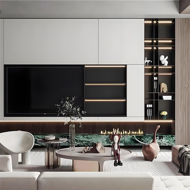 Nicho de exibição personalizado em aço inoxidável para parede de fundo de TV, com prateleiras de armazenamento e iluminação LED, para projetos de sala de estar.