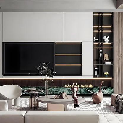 Nicho de exibição personalizado em aço inoxidável para parede de fundo de TV, com prateleiras de armazenamento e iluminação LED, para projetos de sala de estar.